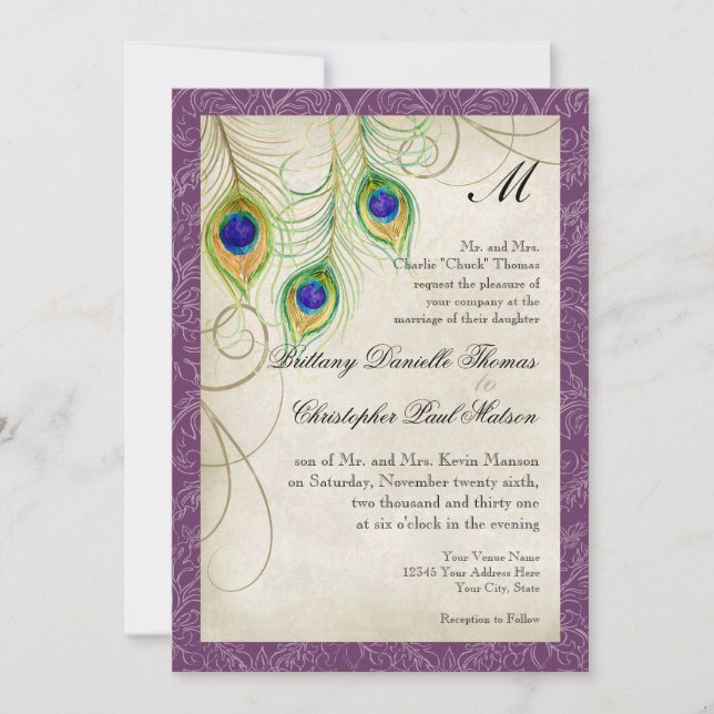 Faire-part de mariage Peacock Feathers (Devant)
