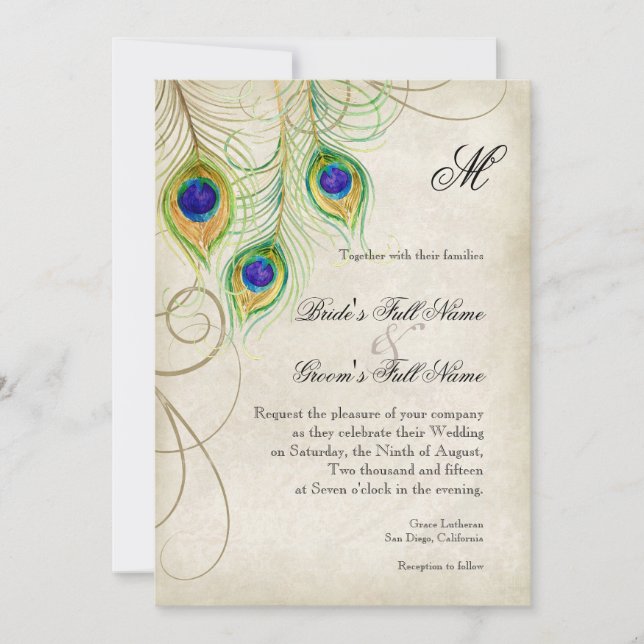 Faire-part de mariage Peacock Feathers (Devant)