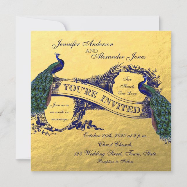 Faire-part de mariage Peacock Gold Foil (Devant)