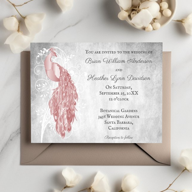 Faire-part de mariage Peacock rose (Pink Peacock Wedding Invitation)