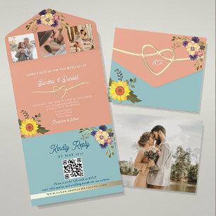 Faire-part de mariage Pêche et Bleu avec Tournesol