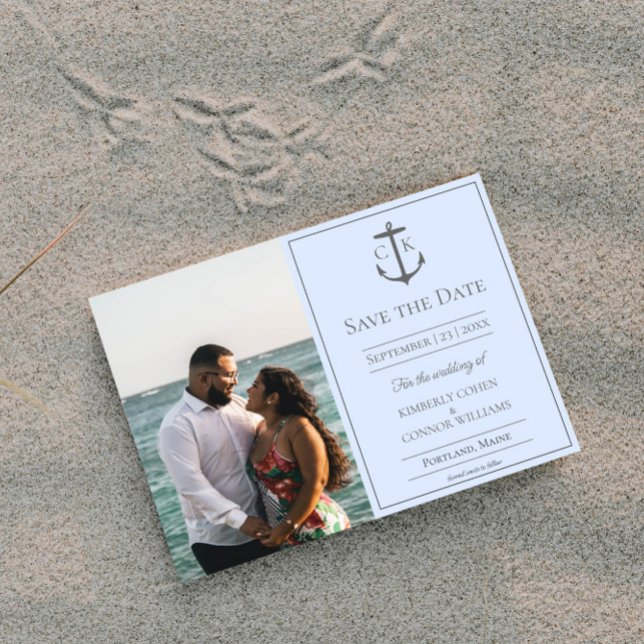 Faire-part de mariage photo à monogramme nautique  (Blue Nautical Monogram Photo Save the Date)