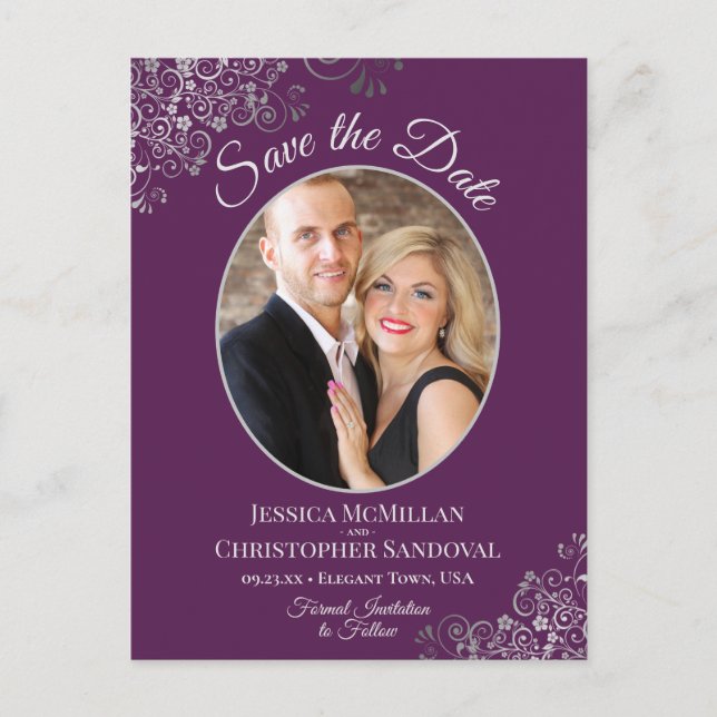 Faire-part de mariage photo argent sur fond violet (Devant)