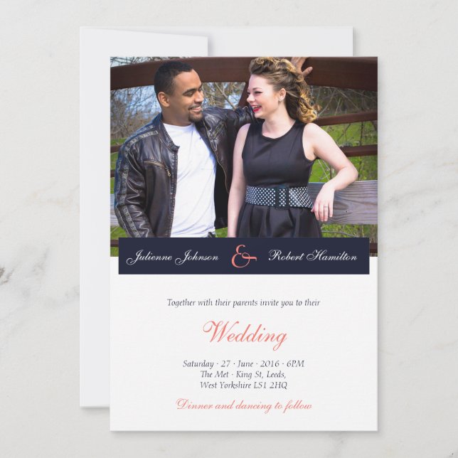 Faire-part de mariage photo bleu marine et corail (Devant)