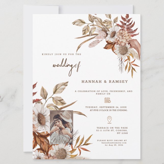 Faire-part de mariage photo Boho d'automne. Invita (Devant)
