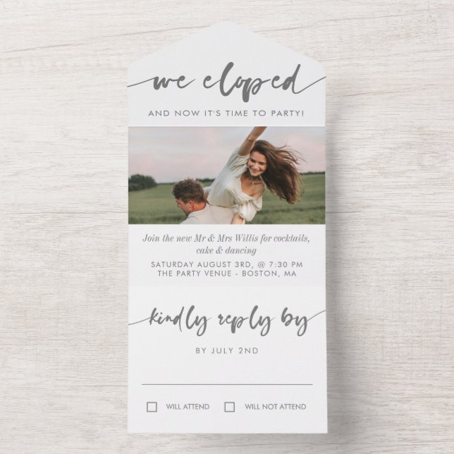 Faire-part de mariage photo calligraphié gris (À l'intérieur)