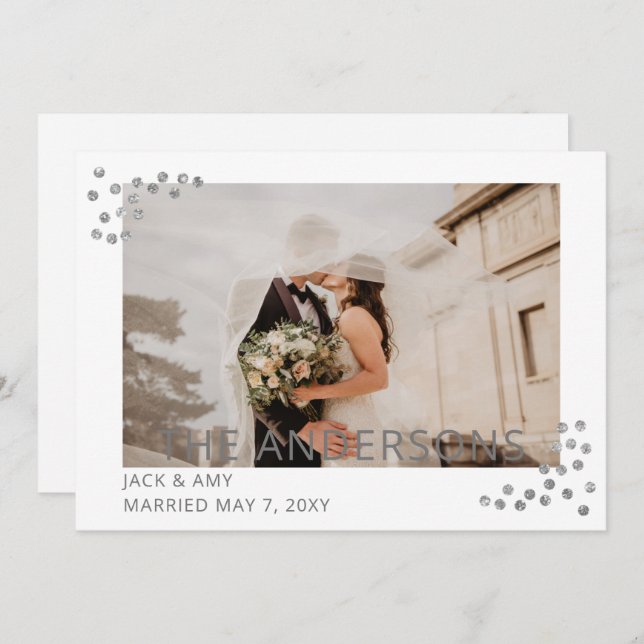 Faire-part de mariage photo confetti argent élégan (Devant / Derrière)