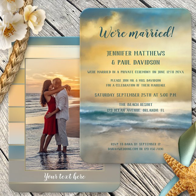 Faire-part de mariage photo de réception de mariag (Wedding reception only, post or after wedding invitation featuring a painting of a beach at sunset)