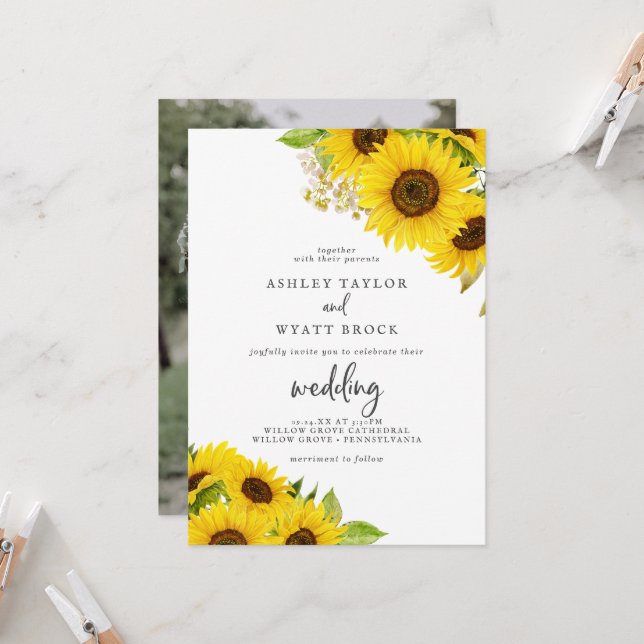 Faire-part de mariage photo de tournesol (Devant/Arrière en situation)
