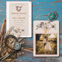 Faire-part de mariage photo en cuir blanc Boho Ran