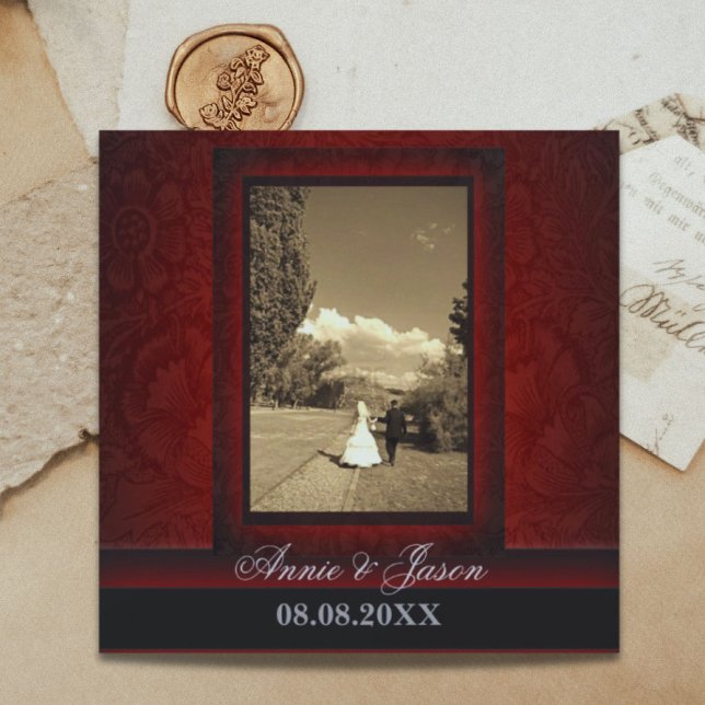Faire-part de mariage photo en damas bordeaux élég (Elegant burgundy damask photo Wedding Invitation)