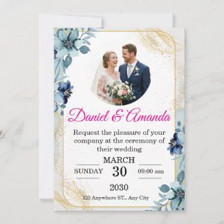 Faire-part de mariage photo floral bleu poussiéreu