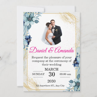 Faire-part de mariage photo floral bleu poussiéreu