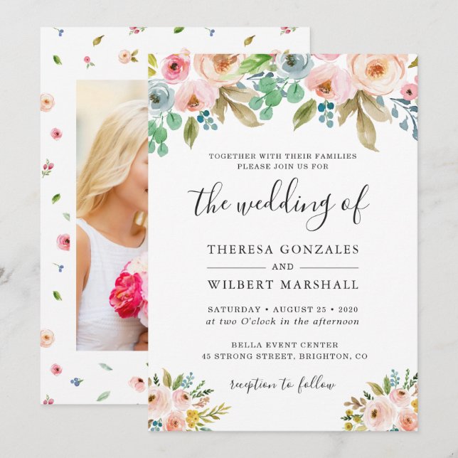 Faire-part de mariage photo florale Chic Watercolo (Devant / Derrière)