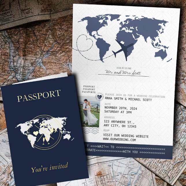 FAIRE-PART DE MARIAGE photo GOLD & Navy Passport (Créateur téléchargé)