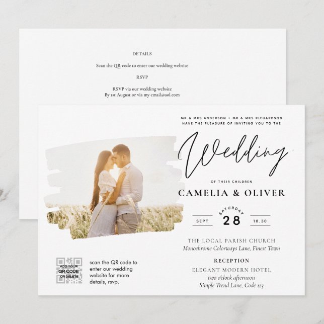 Faire-part de mariage photo moderne blanc et noir  (Devant / Derrière)