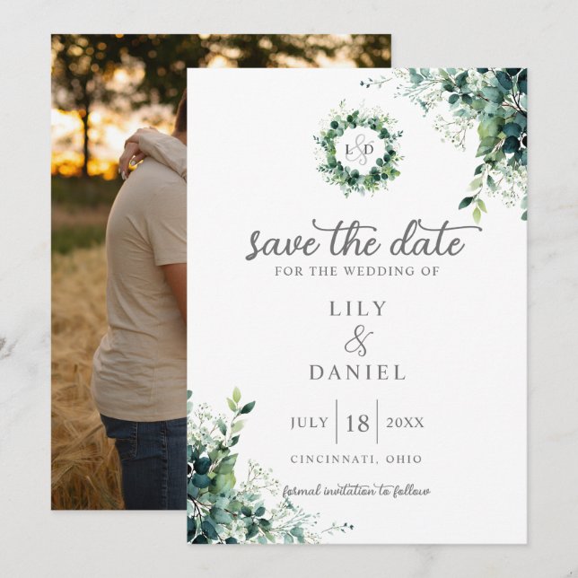 Faire-Part de Mariage Photo Monogramme de Feuillag (Devant / Derrière)