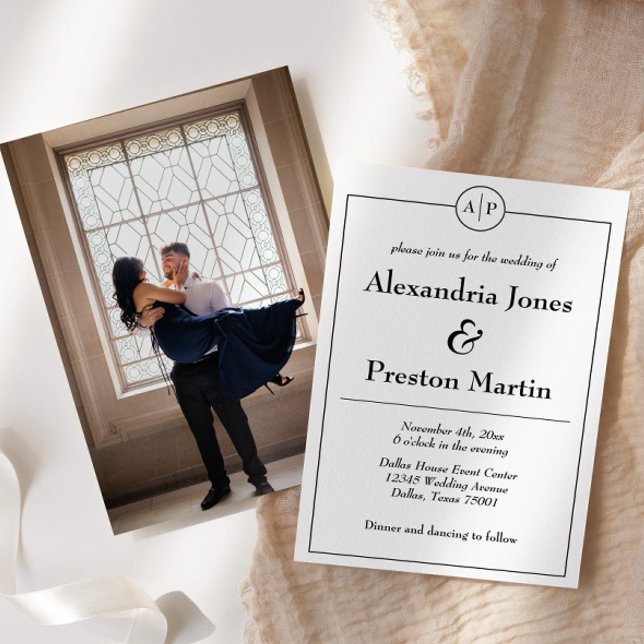 Faire-part de mariage photo Monogramme noir et bla (simple monogram elegant wedding invitation with engagement photo on back)
