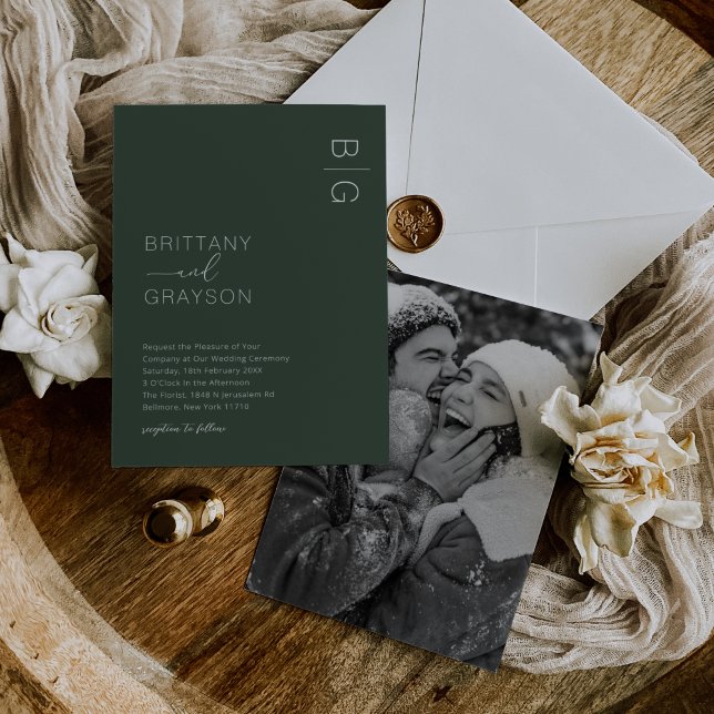 Faire-part de mariage photo Monogramme vert modern (Créateur téléchargé)