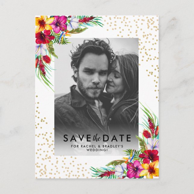 Faire-Part de Mariage Photo Or Fleur Tropicale (Devant)