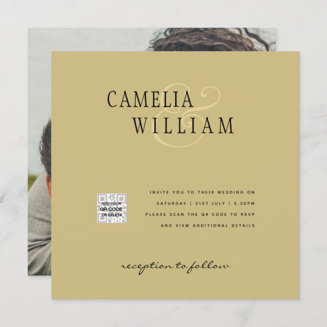 Faire-part de mariage photo QRCode RSVP or jaune (Devant / Derrière)