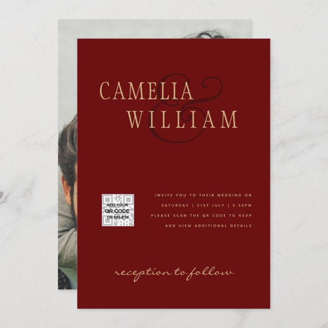 Faire-part de mariage photo QRCode RSVP Rouge Bour (Devant / Derrière)