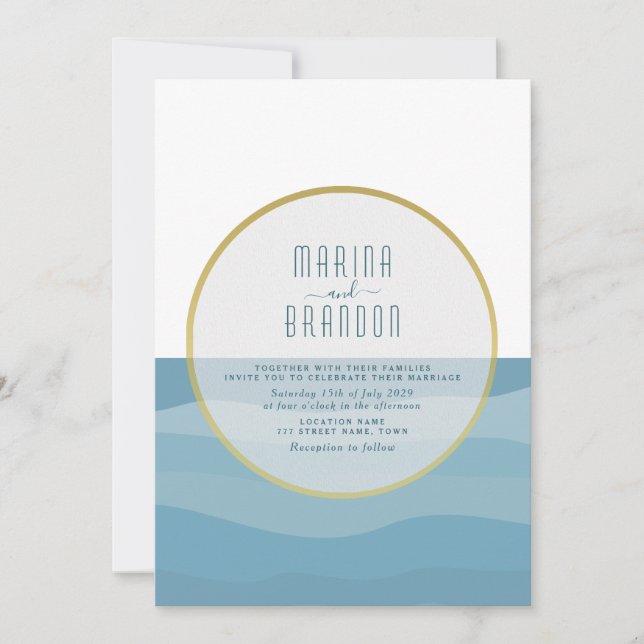 Faire-part de mariage plage aquarelle bleue (Devant)