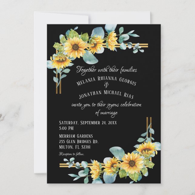 Faire-part de mariage plat de tournesol (noir) (Devant)