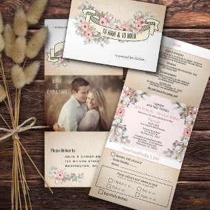 Faire-part de mariage pliable en trois avec ruban 