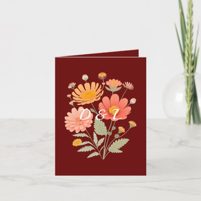 Faire-part de mariage plié à fleurs rétro (Devant)