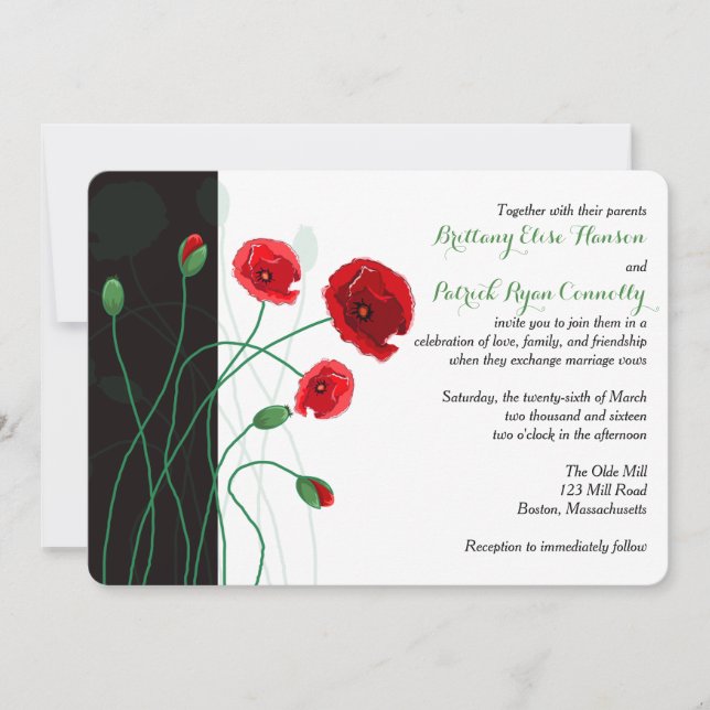 Faire-part de mariage | Poppies rouges avec noir,  (Devant)