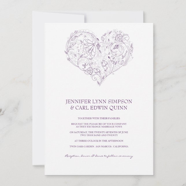 Faire-part de mariage pourpre du coeur floral (Devant)