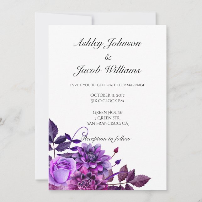 Faire-part de mariage pourpre. Invitation de fleur (Devant)