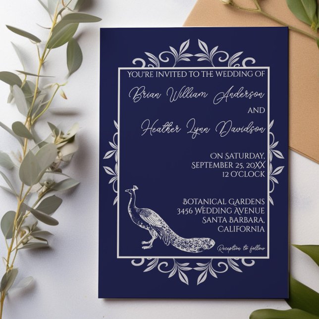 Faire-part de mariage prospère de la Marine Peacoc (Navy Blue Peacock Flourish Wedding Invitation)