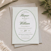 Faire-part de mariage rayé avec cadre ovale vert s