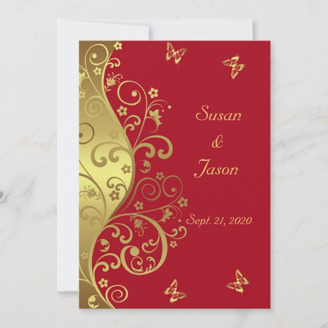 Faire-part de mariage--Remous d'or et 5x7 rouge (Devant)