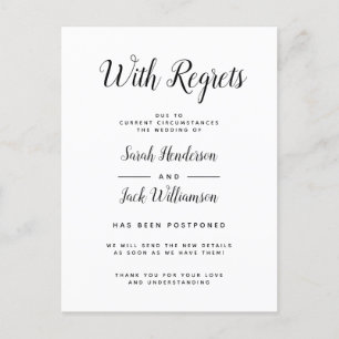 Faire-part de mariage reporté avec regrets N&B