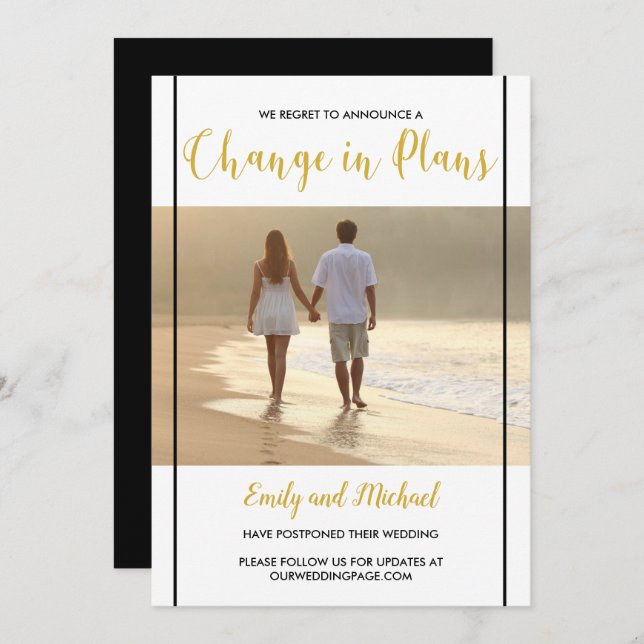 Faire-part de mariage reporté en noir et or (Devant / Derrière)