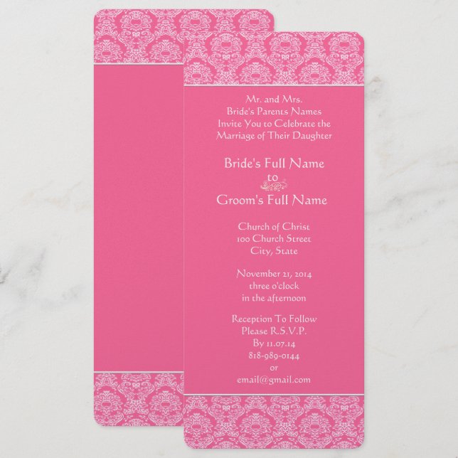 Faire-part de mariage riche en Damas rose (Devant / Derrière)