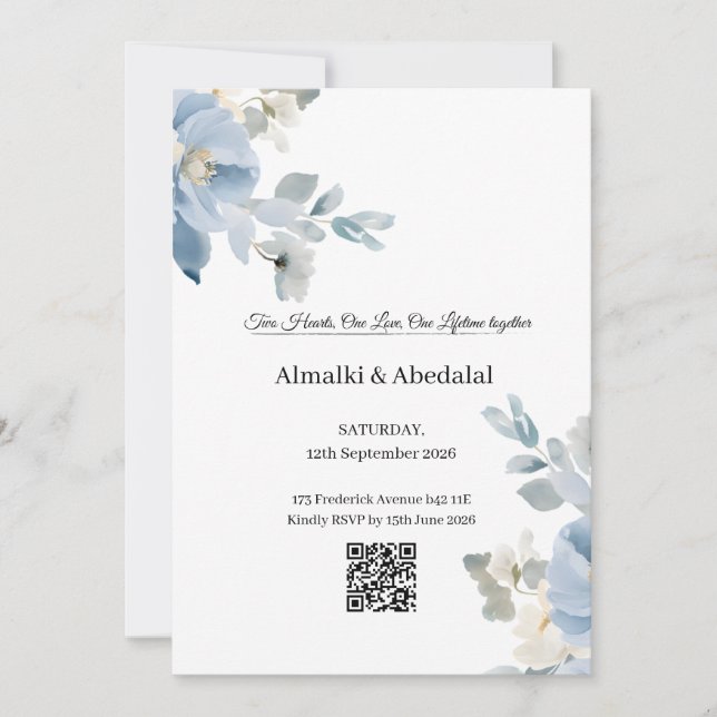 Faire-part de mariage romantique bleu et blanc (Devant)