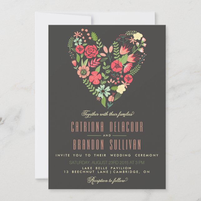 Faire-part de mariage romantique du coeur floral (Devant)