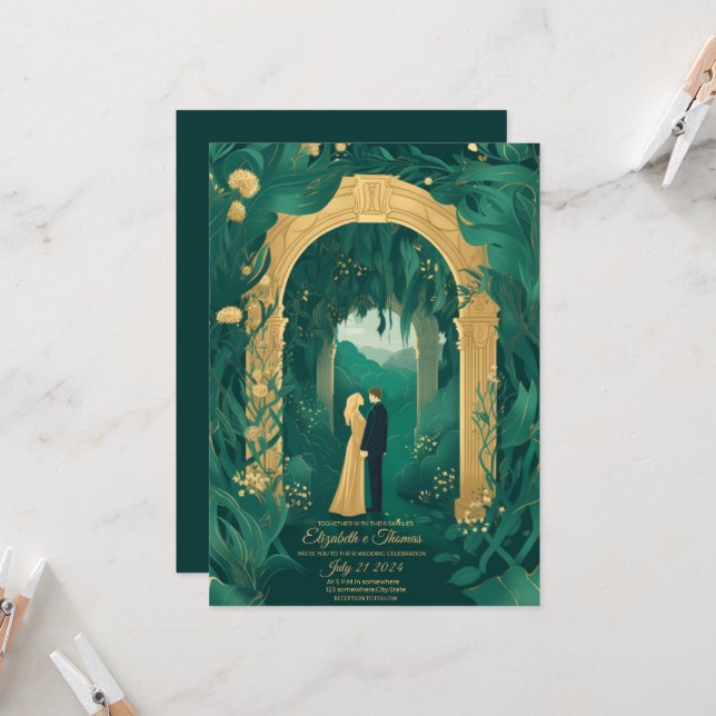 Faire-part de mariage romantique Emerald Green et  (Devant/Arrière en situation)