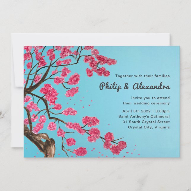 Faire-part de mariage romantique en fleurs de ceri (Devant)