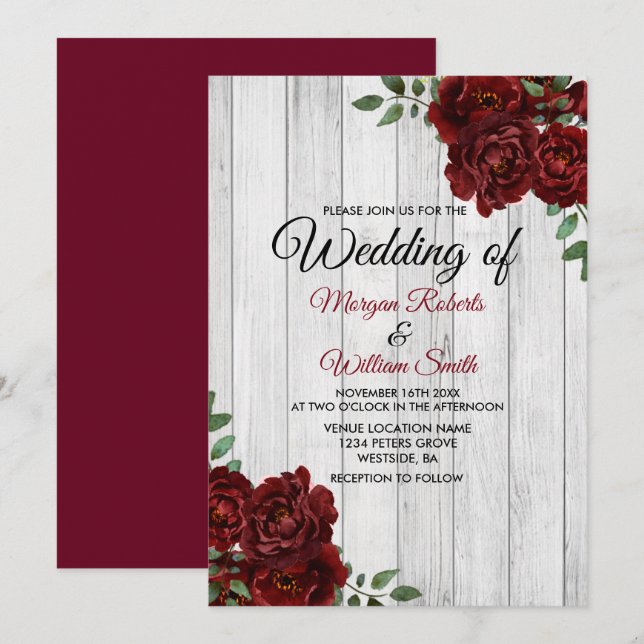 Faire-part de mariage romantique rose burgundy rus (Devant / Derrière)