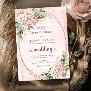Faire-part de mariage romantique rose gold et verd
