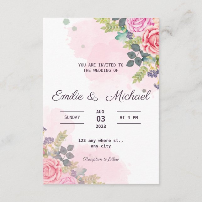 Faire-part de mariage rose aquarelle sur budget (Devant)