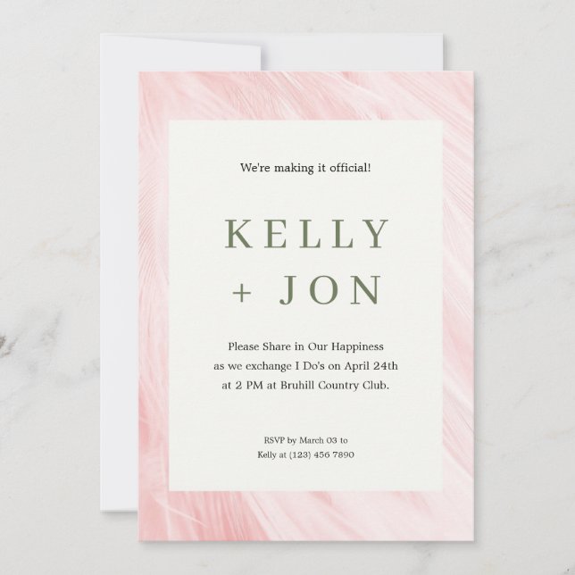 Faire-part de mariage rose avec bordure en plumes (Devant)