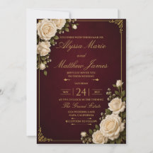 Faire-part de mariage Rose Blanche Bourgogne & Or