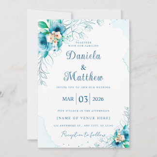 Faire-part de mariage Rose bleu chic avec code QR
