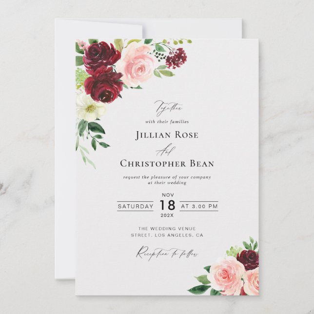 Faire-part de mariage rose et bordeaux (Devant)
